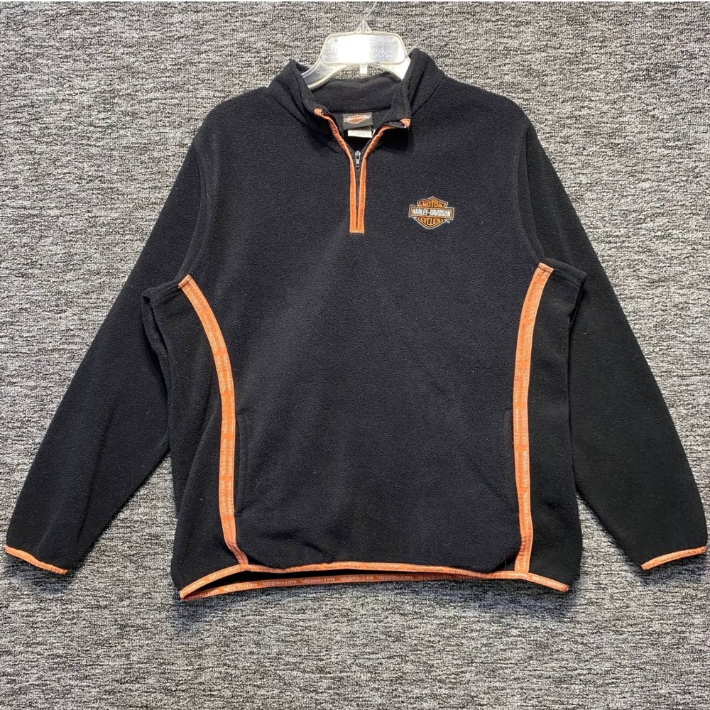 VTG Harley Davidson Fleece Pullover XL Black Orange Quarter Zip Biker Moto